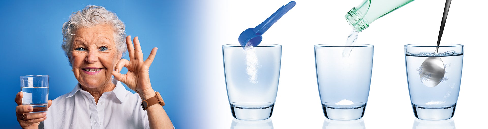 Ältere Person hält ein Glas Wasser mit Anleitung zur Auflösung von Pulver in Wasser.