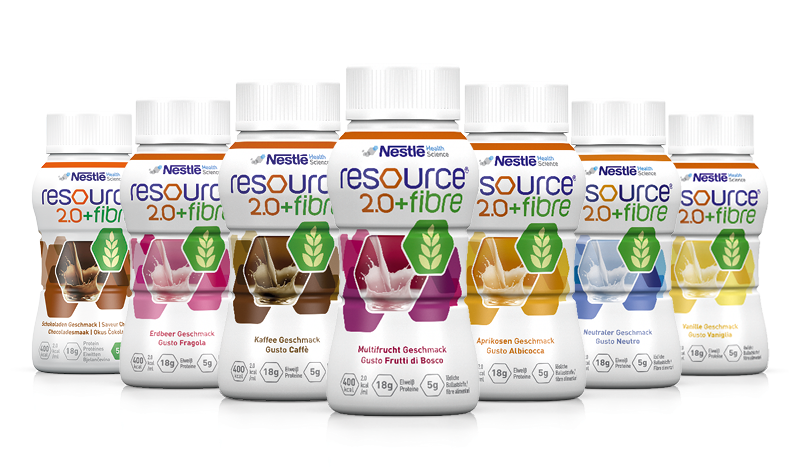 Nestlé Resource 2.0 + Fibre Flaschen in verschiedenen Geschmacksrichtungen.