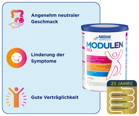 Produktdose MODULEN IBD mit Icons zu Geschmack, Verträglichkeit und Symptomlinderung