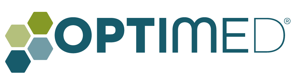 Optimed Logo mit drei Sechsecken links vom Schriftzug.