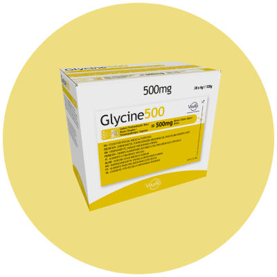 Packung Glycine500 500 mg Tabletten auf gelbem Hintergrund