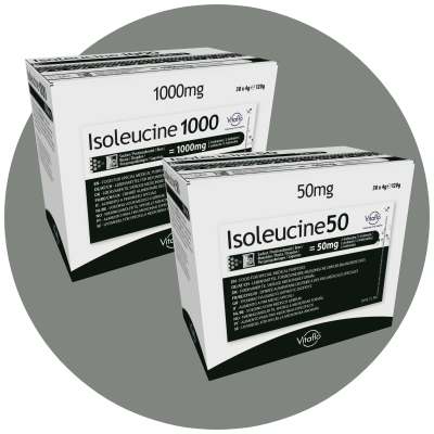 Zwei Packungen Isoleucin 1000 mg und 50 mg auf schwarzem Hintergrund