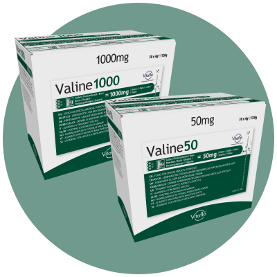 Zwei Packungen Valine-Präparat mit unterschiedlicher Dosierung.