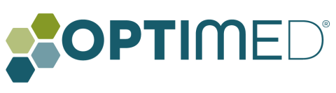 Optimed Logo mit drei Sechsecken links vom Schriftzug.