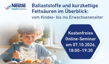 Kind mit Mahlzeit und Darmgrafik, Hinweis auf kostenloses Online-Seminar zu Ballaststoffen und Fettsäuren.